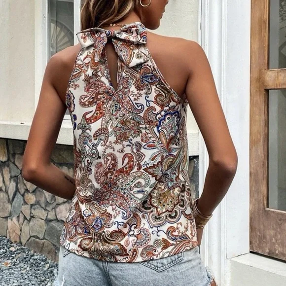 Bohemian Paisley Floral Print Casual Summer Halter Tank Top S M L XL - Picture 4 of 4